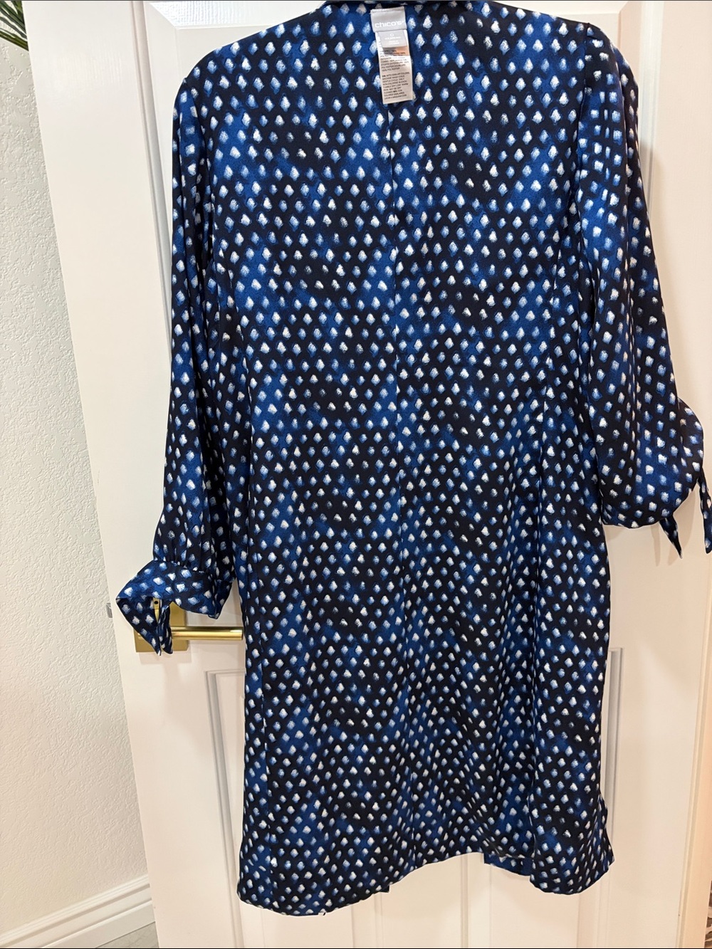 Chico's Navy and White Floral Tie-Sleeve Long Sleeve Dress - Picture 6 of 8